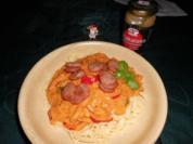 Chakalaka-Soße mit Cabanossi-Talern auf Pasta>> - Rezept