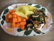 Vegan : Chamignons-Spinat-Pfanne mit Karotten-Kartoffel-Beilage - Rezept