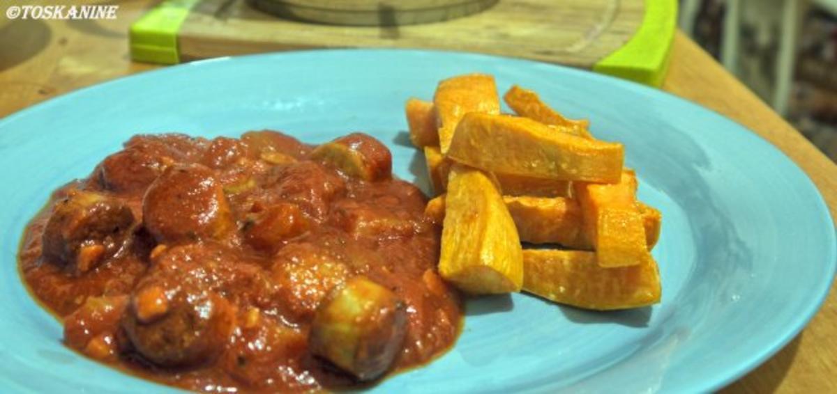 Bilder für Mango-Currywurst mit Süßkartoffel-Pommes - Rezept