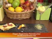Flambierter Feigen-Ziegenkäse-Flammkuchen mit Brunnenkresseeis - Rezept