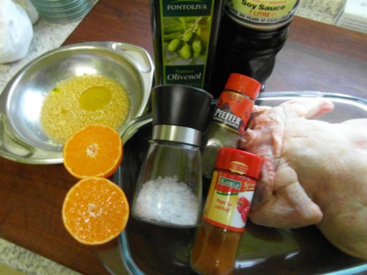 Geflügel: Orangen-Ingwer-Hähnchen auf Knoblauch-Paprika-Reis - Rezept