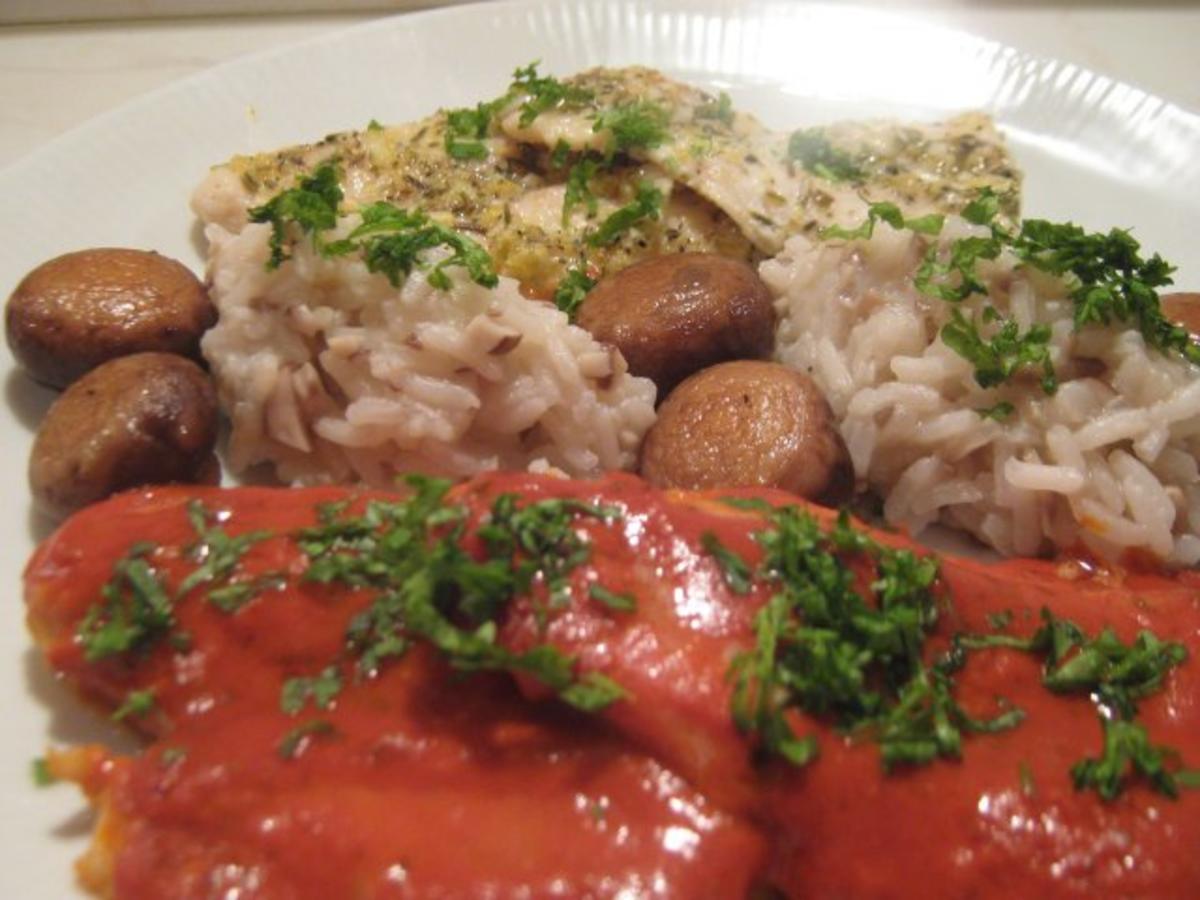 roter und gelber Fisch mit Reis und Pilzen - Rezept - Bild Nr. 3