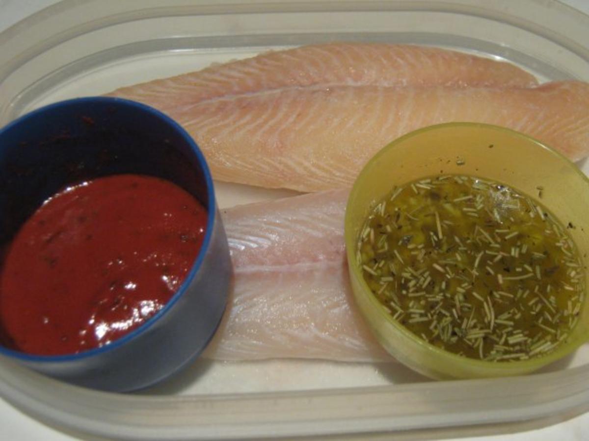 roter und gelber Fisch mit Reis und Pilzen - Rezept - Bild Nr. 4