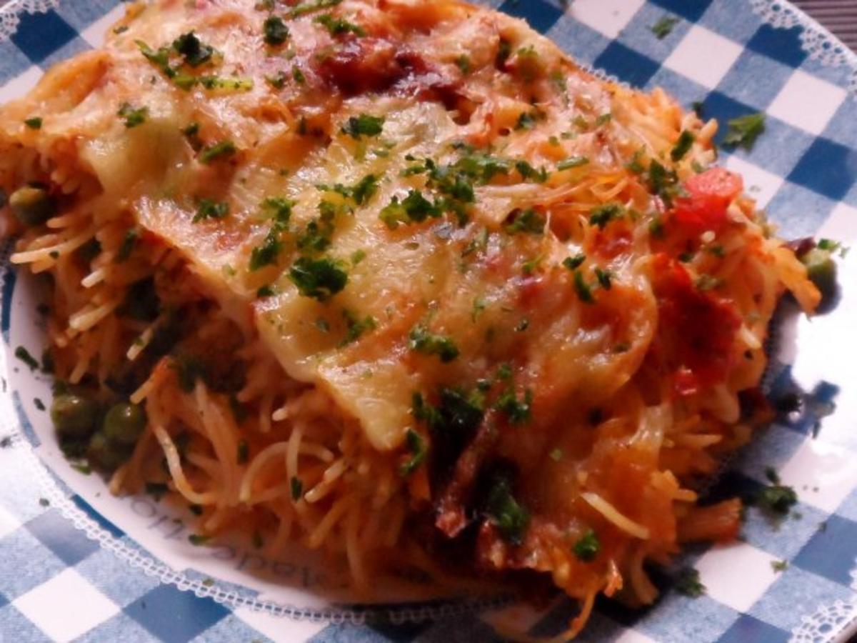 Ofengerichte: Spaghetti-Auflauf mit zweierlei Käse, Cabanossi und Erbsen - Rezept - Bild Nr. 15