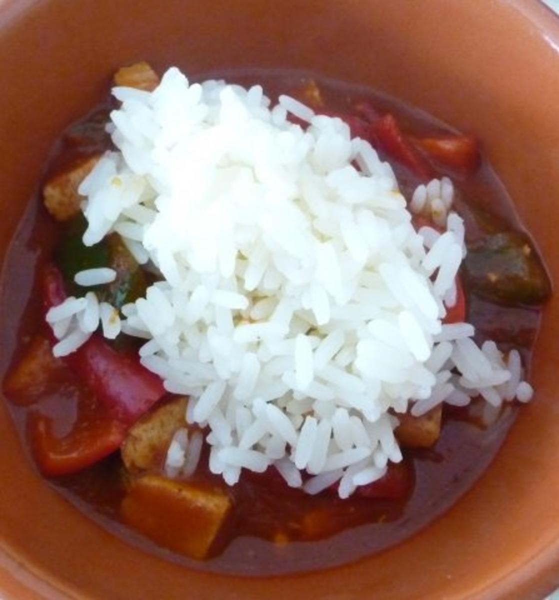 Vegan : Bunter Paprika in Tomatensoße mit Tofu und gekochten Reis - Rezept - Bild Nr. 7