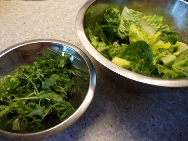 Rezept: Romanasalat mit lauwarmen Knoblauchtomaten, Rucola und Parmesanspänen Bild Nr. 4 Romanasalat mit lauwarmen Knoblauchtomaten, Rucola und Parmesanspänen - Rezept - Bild Nr. 4