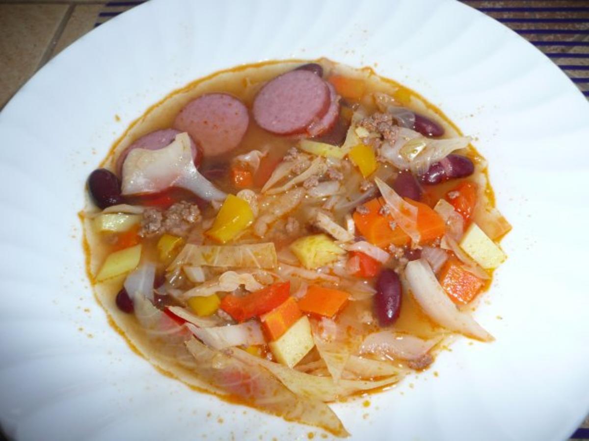Hackfleisch - Suppe : mit Kraut, Cabanossi && - Rezept