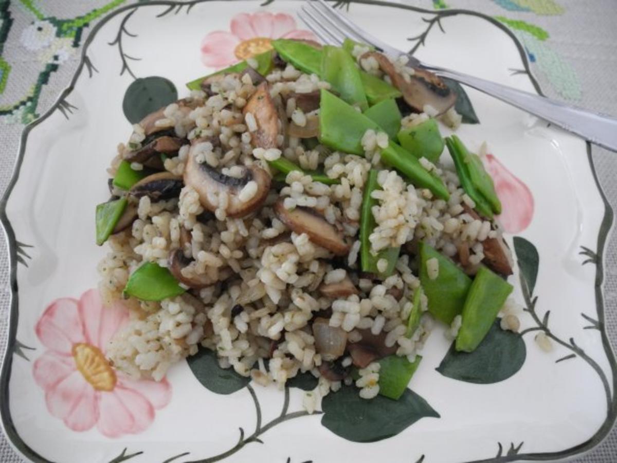 Vegan : Reis - Champignon - Pfanne mit Zuckerschoten - Rezept