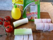 Auflauf: Porree-Hähnchenröllchen in Zwiebelsoße mit Käse überbacken - Rezept