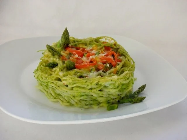 Rezept: Überbackene Spaghetti-Nester mit Spargel, Bärlauch, Hühnerfleisch.. Bild Nr. 2 Überbackene Spaghetti-Nester mit Spargel, Bärlauch, Hühnerfleisch.. - Rezept - Bild Nr. 2