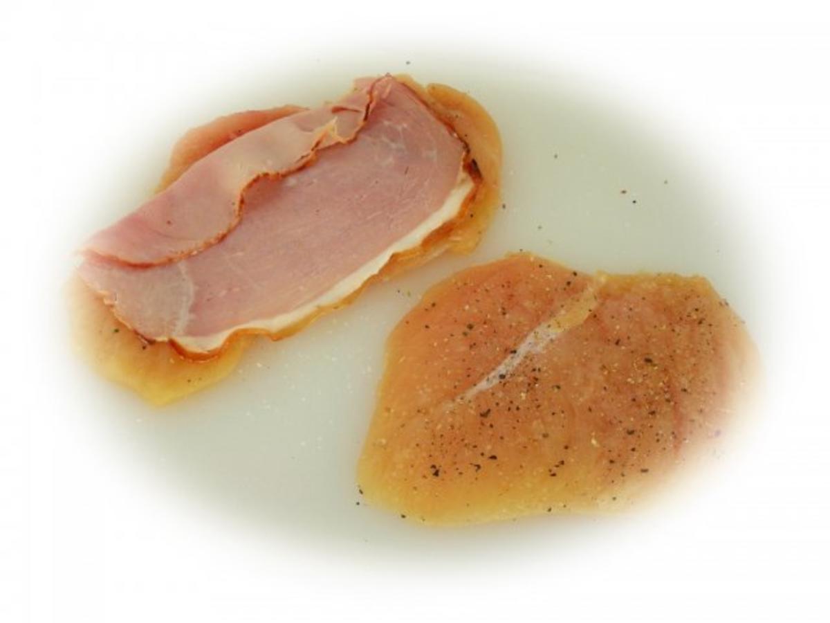 Hühnerröllchen mit Spargel-Schinken-Füllung an Paprika-Bratkartoffeln - Rezept - Bild Nr. 3