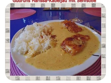 Fisch: Harissa-Kabeljau mit Senfsoße und Duftreis - Rezept