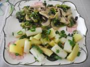 Vegan : Porree - Champignon - Pfanne mit Spargel und Kartoffeln - Rezept