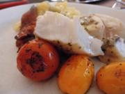 Schwertfisch u. Seeteufel mit NT gegart, dazu Kartoffelsalat und Cerrytomaten in Balsamico - Rezept