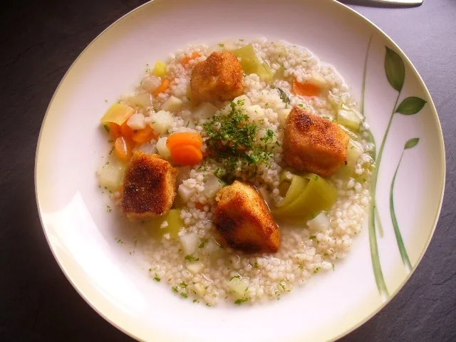 Hähnchenbrustcroutons auf Perlgräupchen - Rezept - Bild Nr. 4