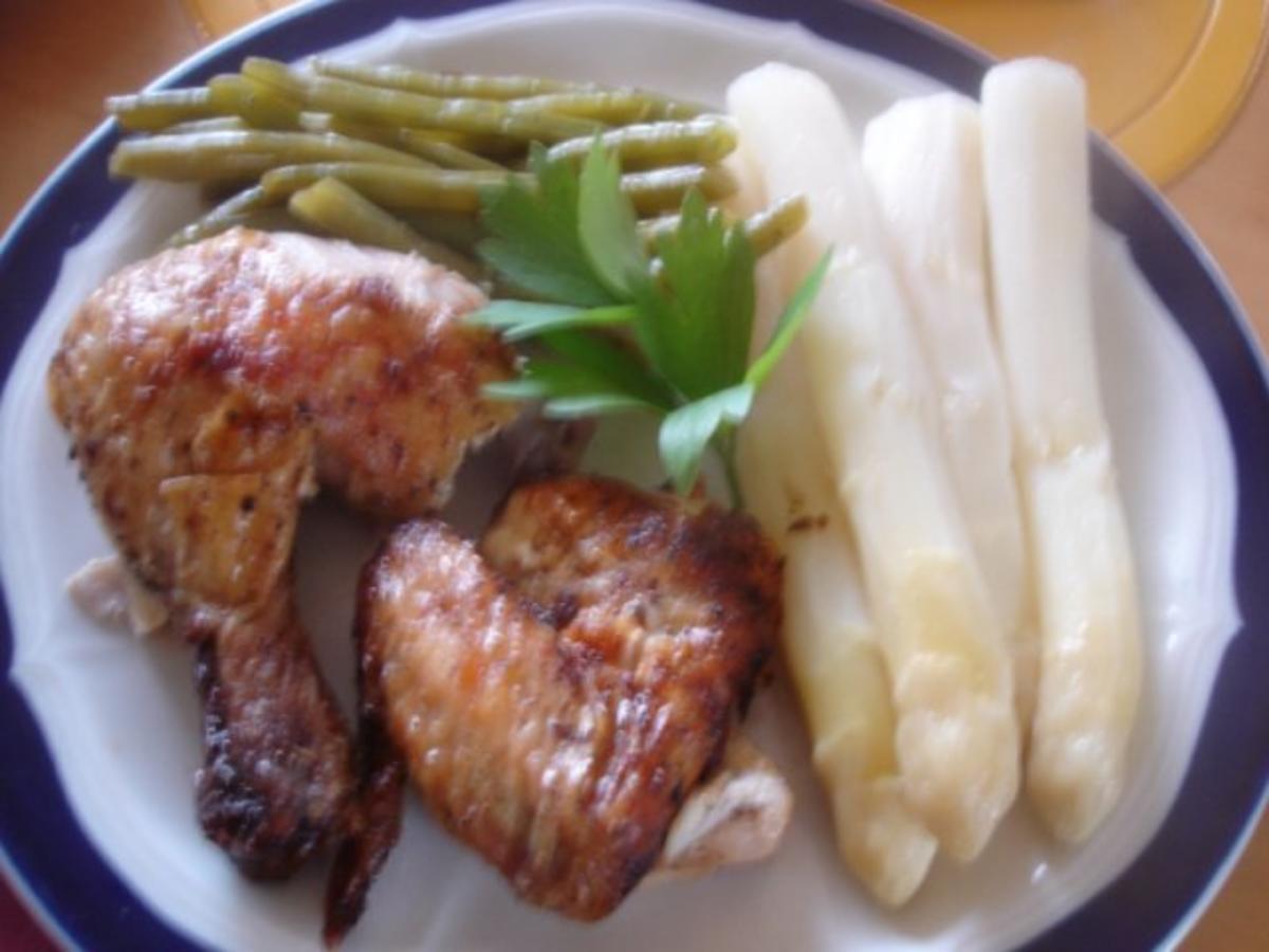 Brathähnchen mit Spargel und grüne Bohnen mit Knoblauch - Rezept ...