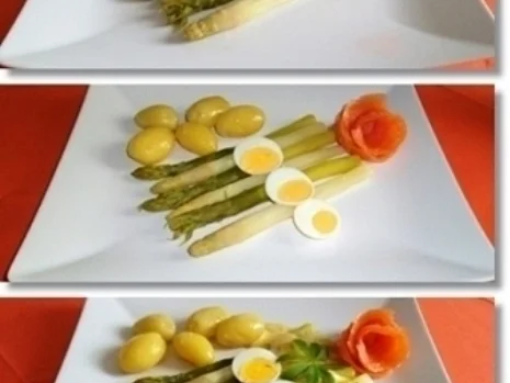Zweierlei Spargel mit Kräuter Sauce, Drillingen und Lachs-Rose dazu - Rezept - Bild Nr. 24