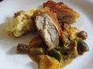 Panierte Hähnchenbrust mit Paprika - Aprikosen - Majoran - Gemüse und Stampf - Rezept