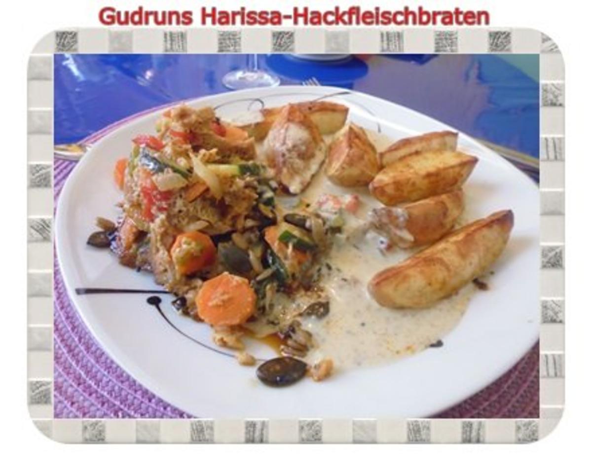 Hackfleisch: Harissa-Hackbraten mit Gorgonzolasoße und Berberekartoffeln - Rezept
