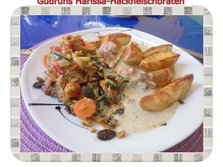 Hackfleisch: Harissa-Hackbraten mit Gorgonzolasoße und Berberekartoffeln - Rezept