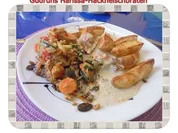 Hackfleisch: Harissa-Hackbraten mit Gorgonzolasoße und Berberekartoffeln - Rezept