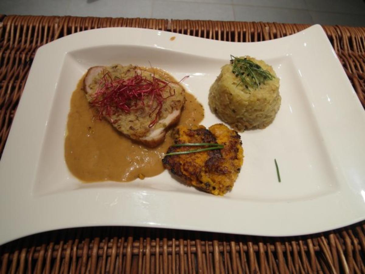 Schweineschinkenbraten unter Zwiebelkruste, Dunkelbier-Espuma, Döppekooche & Stemmelkort - Rezept