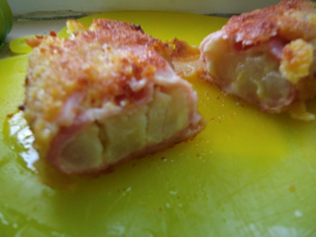Spargelröllchen ummantelt mit Käse und Schinken goldgelb gebraten - Rezept - Bild Nr. 2
