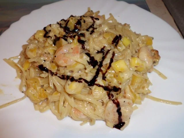 Pfannengericht: Mango-Garnelen-Rahmpfanne mit Pasta - Rezept