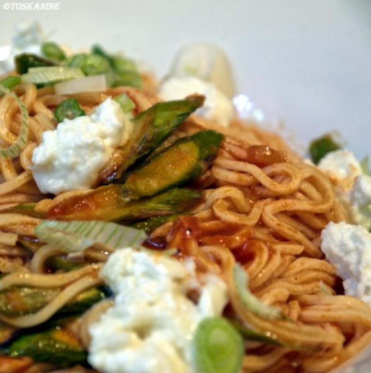 Spaghetti mit Tomatensugo, grünem Spargel und Büffelmozzarella - Rezept