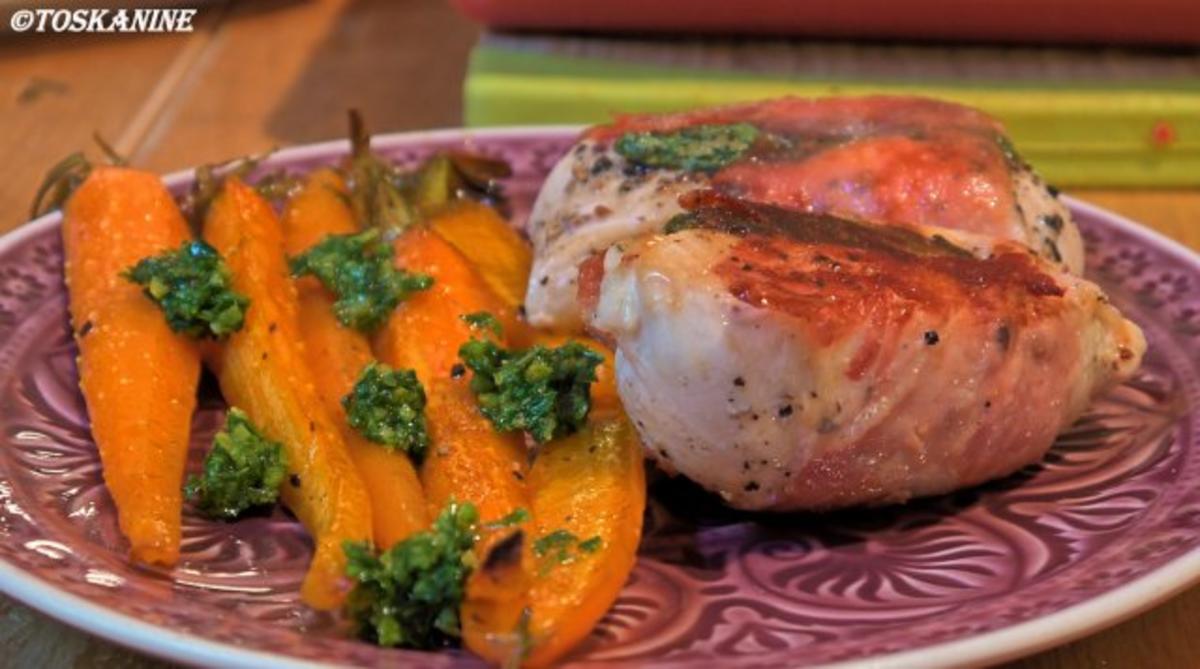 Bilder für Hähnchen-Saltimbocca mit Honig-Karotten und Gremolata - Rezept