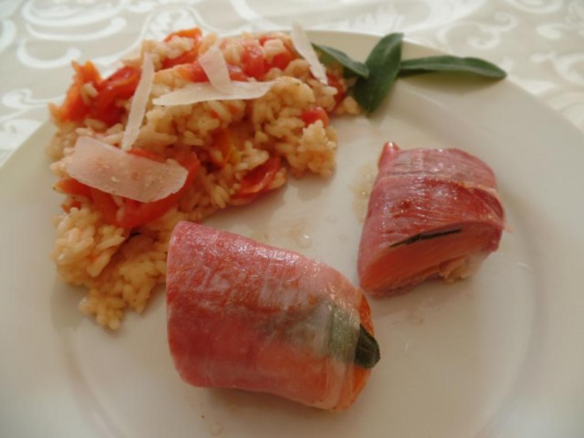 Bilder für Fisch-Saltimbocca mit Tomatenreis - Rezept