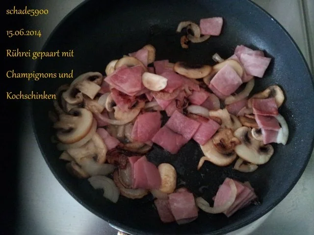 Pfannengerichte: Rührei gepaart mit Champignons und Kochschinken - Rezept - Bild Nr. 4