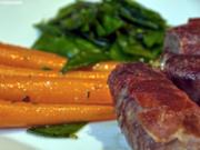 Ziege und Rind im Serrano-Mantel mit Thymian-Gemüse - Rezept