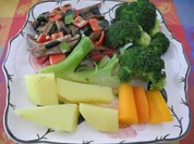 Vegan : Seitan - Pfanne mit Dreierlei-Beilage - Rezept