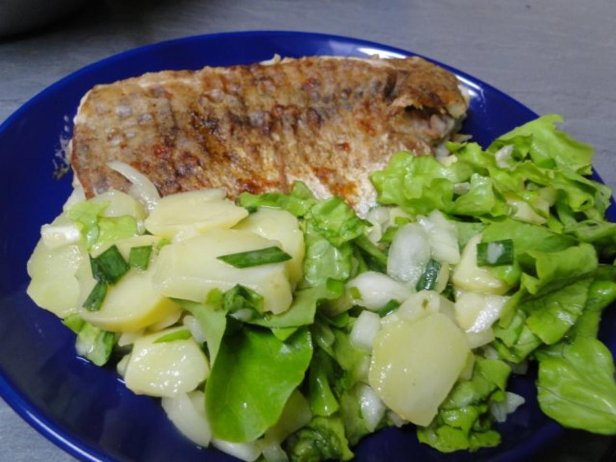 Mehlierter Seelachs, dazu Kartoffelsalat vermischt mit Pflücksalat aus - Rezept - Bild Nr. 5