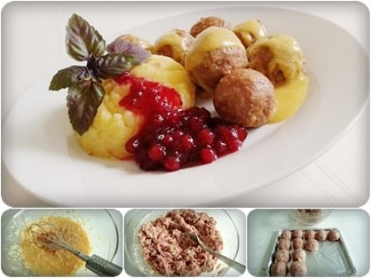 Köttbullar mit Senf-Honigsauce, Stampfkartoffeln und Preiselbeeren - Rezept - Bild Nr. 4
