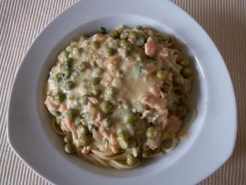 Rezept: Spaghetti mit Erbsen und Lachs Spaghetti mit Erbsen und Lachs - Rezept