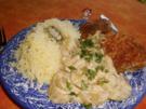 Schmorgurken in Senfsahne mit Knusperfisch>> - Rezept