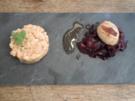 Lachstatar und Jakobsmuschel auf Rote Bete-Carpaccio - Rezept
