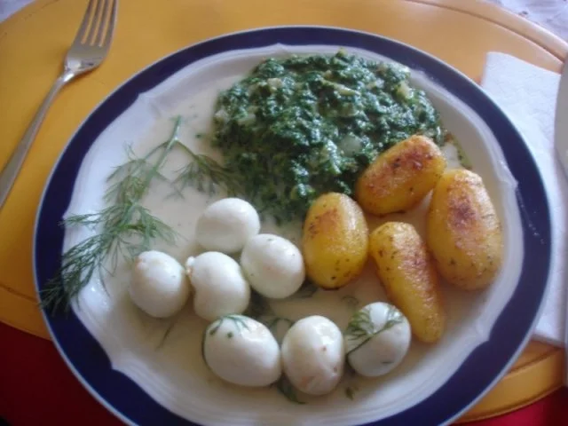 Wachteleier*) in Dillsauce mit herzhaften Rahm-Spinat und würzigen Drillingen - Rezept - Bild Nr. 13