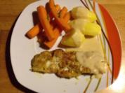 Kabeljau in Pistazienpanade mit Senfsoße und Beilagen - Rezept