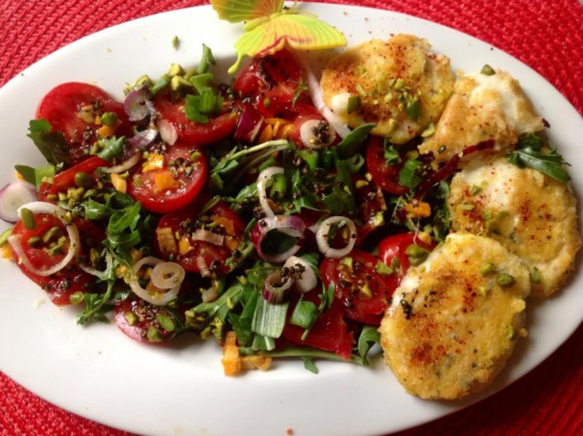 Tomaten-Rucola-Salat mit Salzorangen und gebratenem Mozzarella - Rezept