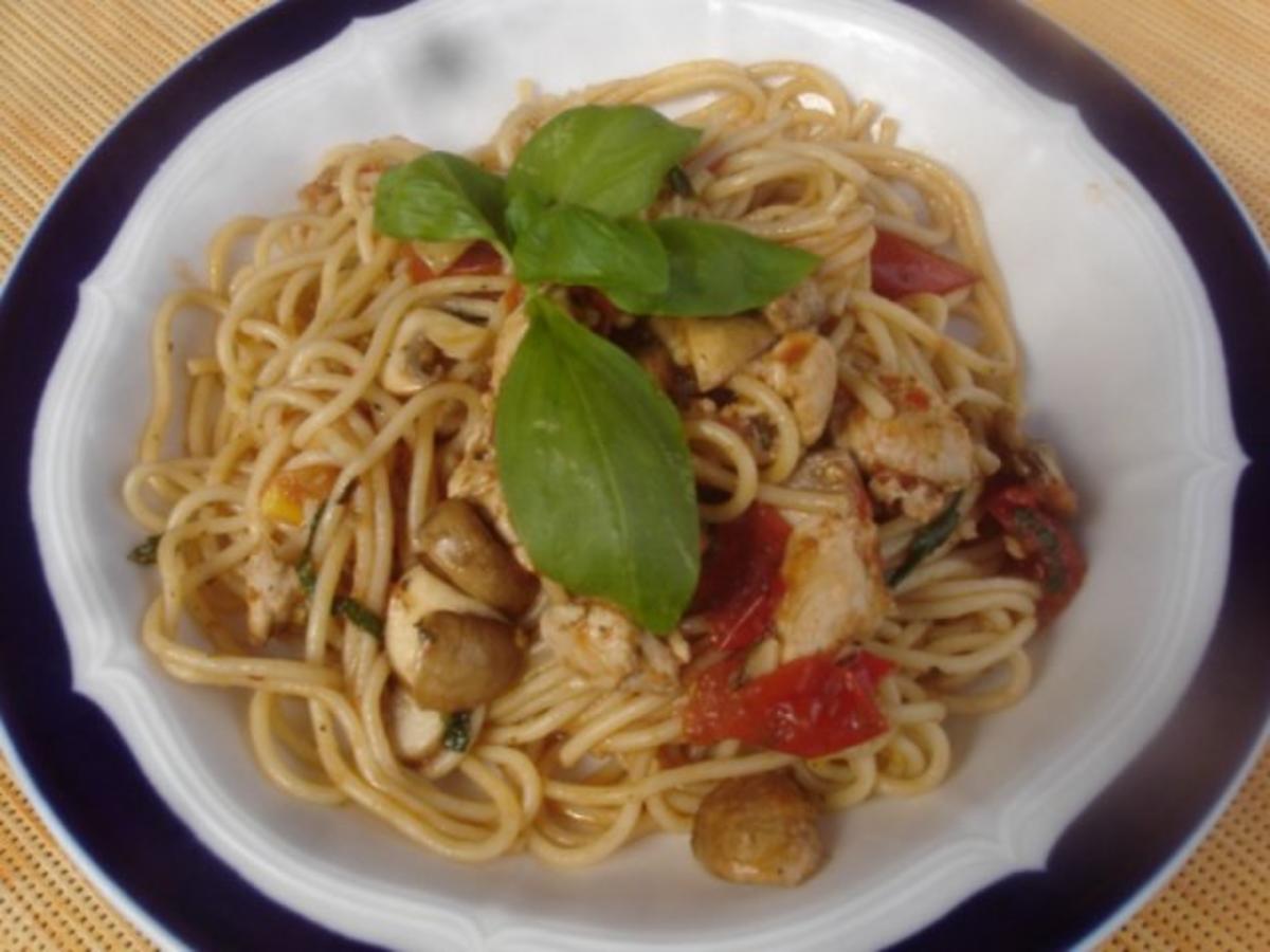 Spaghetti mit Tomaten-Champignon-Putengeschnetzelten - Rezept