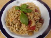 Spaghetti mit Tomaten-Champignon-Putengeschnetzelten - Rezept