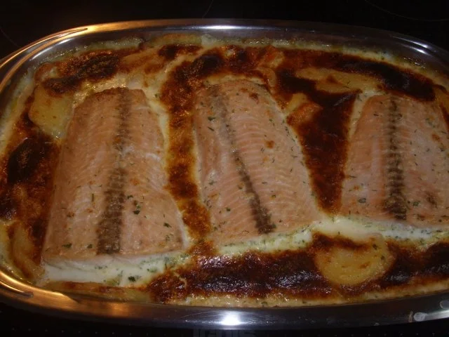 Rezept: Lachsfilet auf Kartoffel-Karotten Gratin Lachsfilet auf Kartoffel-Karotten Gratin - Rezept