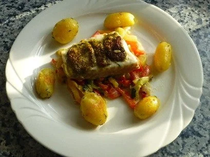 Gratiniertes Filet vom Katfisch auf Rahmpaprika - Rezept