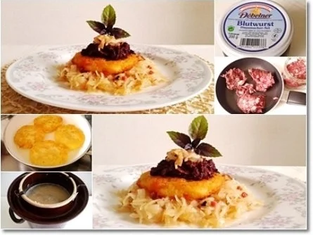 Rezept: Geschmortes Sauerkraut, Kartoffelrösti und Blutwurst darauf Bild Nr. 17 Geschmortes Sauerkraut, Kartoffelrösti und Blutwurst darauf - Rezept - Bild Nr. 17