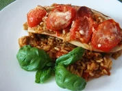 Aubergine gefüllt mit Minutensteaks und Reis - Rezept