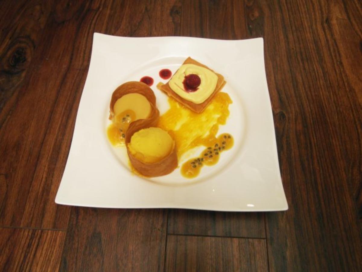 Variationen von Passionsfrucht und Mango an Strudelteig - Rezept