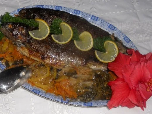Forelle à la "Oòrndrasch" - im Backofen gegart   ( Rzpt. um 1980) - Rezept - Bild Nr. 2